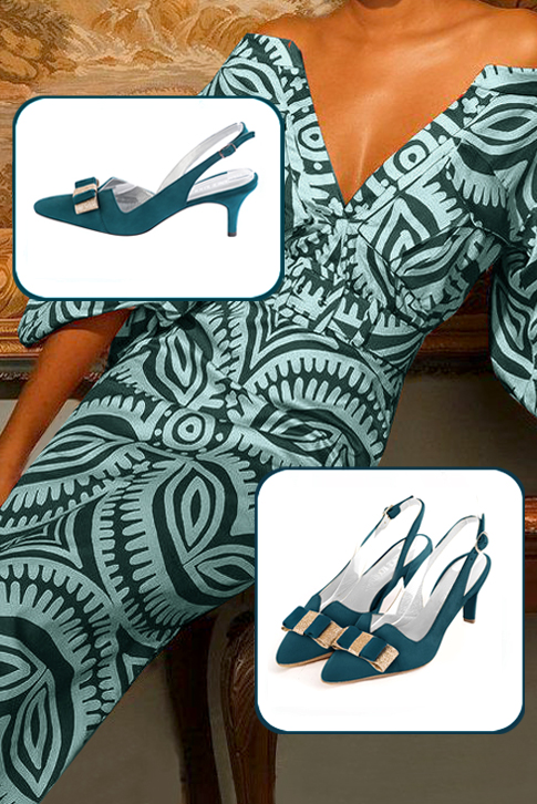 Women's peacock blue and gold elegant slingback heels, with a bow on the front. Tapered toe. Medium slim heel - Worn view